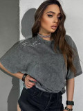 Women Summer Vintage Washed and Distressed Short-Sleeved T-Shirt Top