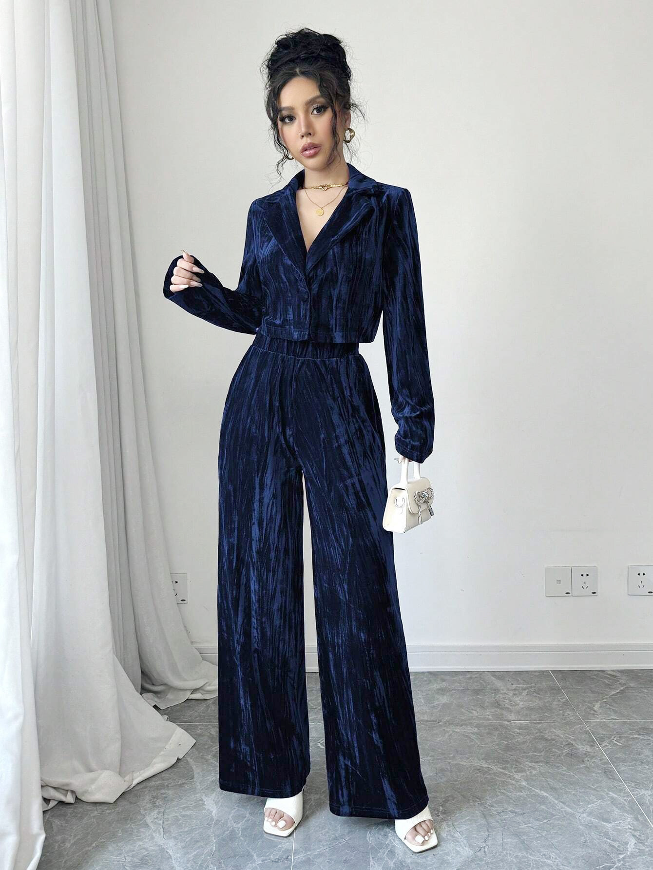 Women Pleated Velvet Long-Sleeved Blazer and Wide-Leg Pants Two-Piece Set
