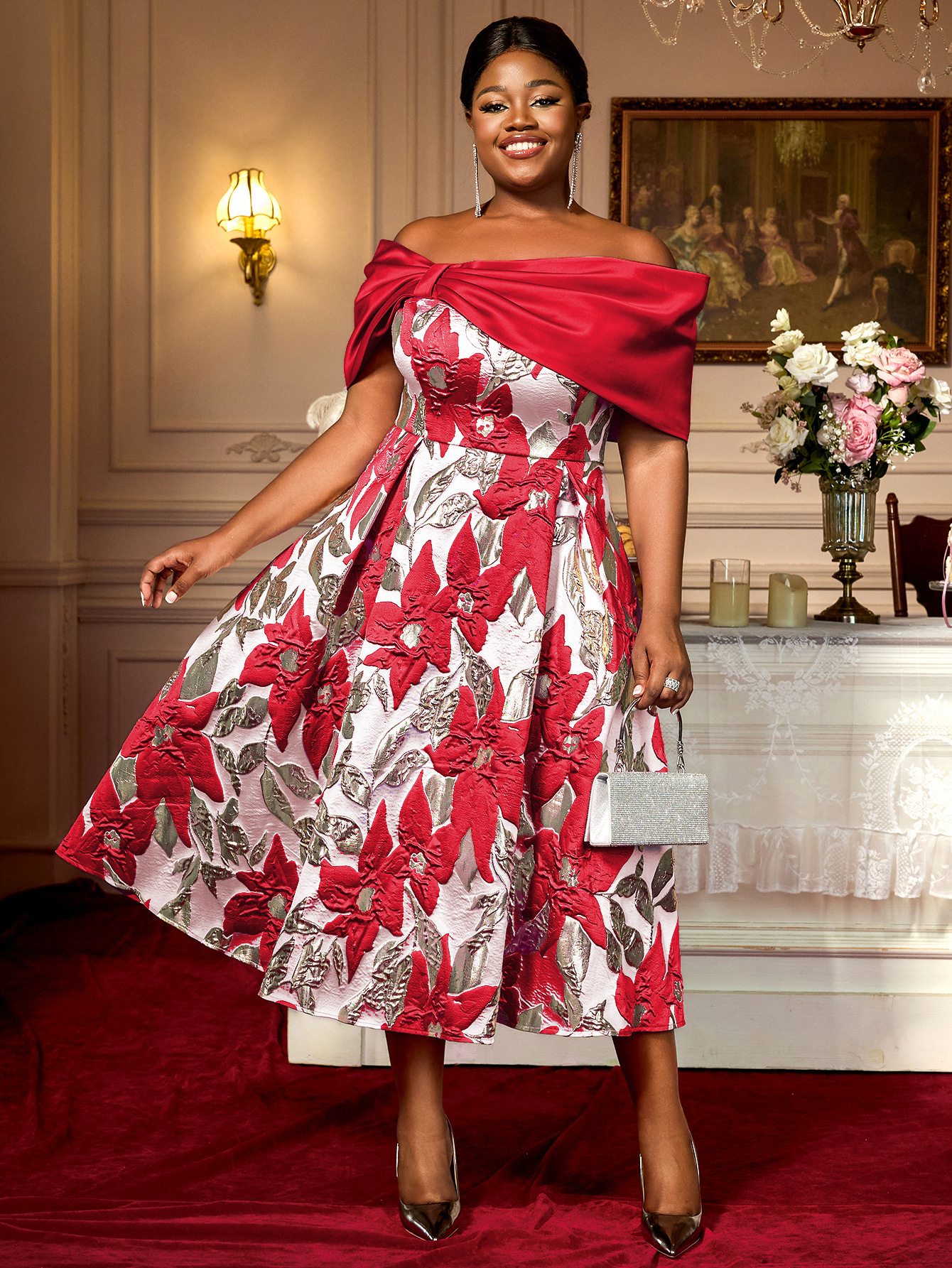 Women Sexy Off Shoulder Jacquard Elegant Formal Party Dresses