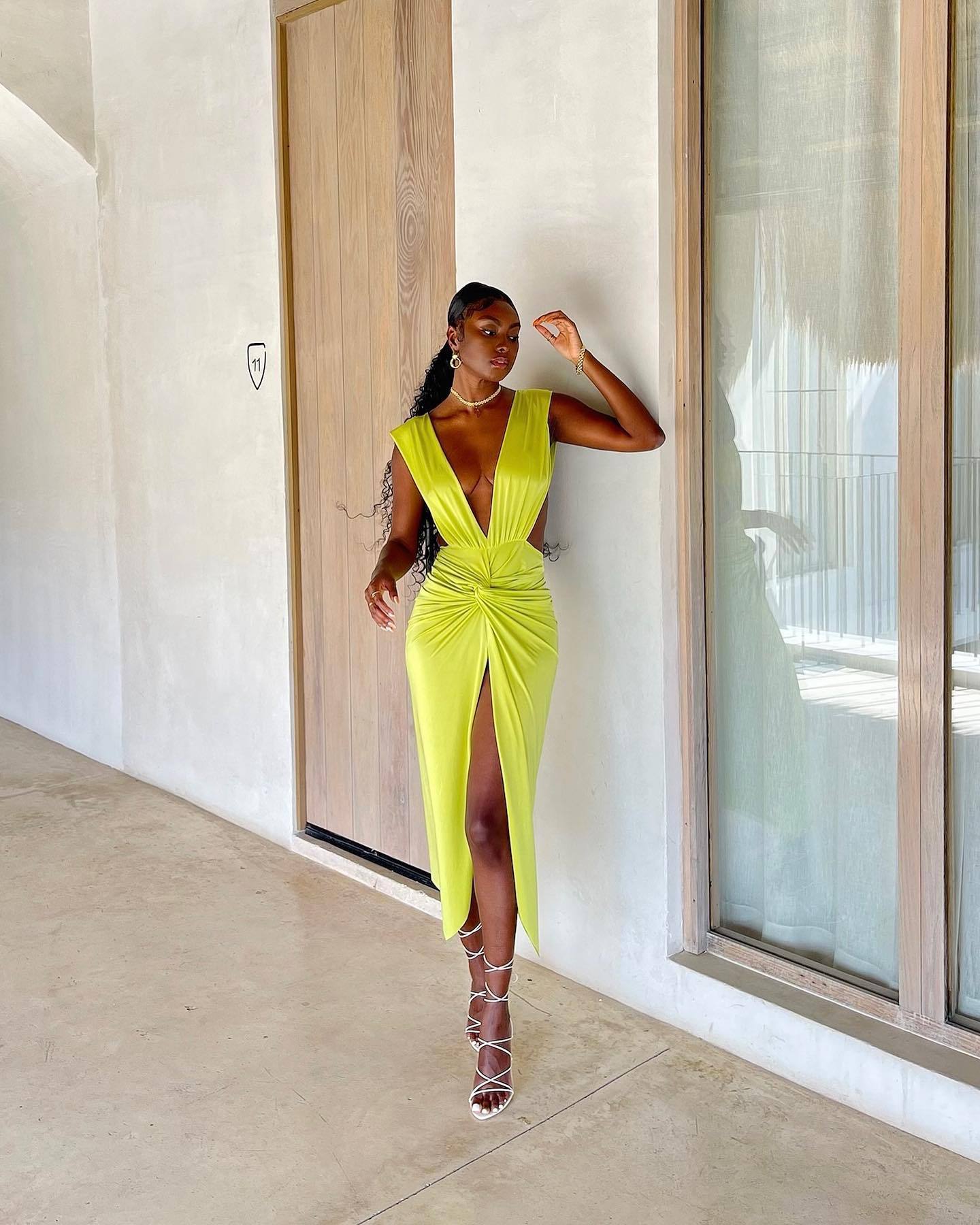 Spring Summer Women's Fashion Low Back Sexy V-Neck Slit Dress