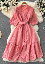 V-Neck Hollow-Out Dress Puff Sleeve Loose Embroidery Slim Waist Slim Fit V-Neck Hollow-Out Dress V-Neck Hollow-Out Dress Puff Sleeve Loose Embroidery Slim Waist Slim Fit V-Neck Hollow-Out Dress