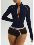 Contrast Color Sport Yoga Jacket Slim Fit Zip-Up Running Long Sleeve Outwear