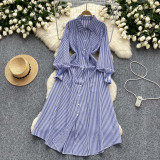 Chic Trendy Long Sleeve Single Button Casual Striped Shirt Dress