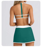 Sexy Gym Running Outdoor Halter Neck Sports Bra & Tennis Skirt Set