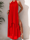 Halter Neck Low Back High Slit Long Dress Mesh See-Through Evening Party Gown