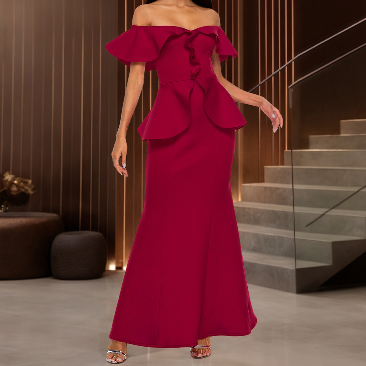 Sexy Ruffle Off-Shoulder Long Dress Chic Elegant Bodycon Formal Party Mermaid Gown