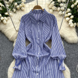 Chic Trendy Long Sleeve Single Button Casual Striped Shirt Dress