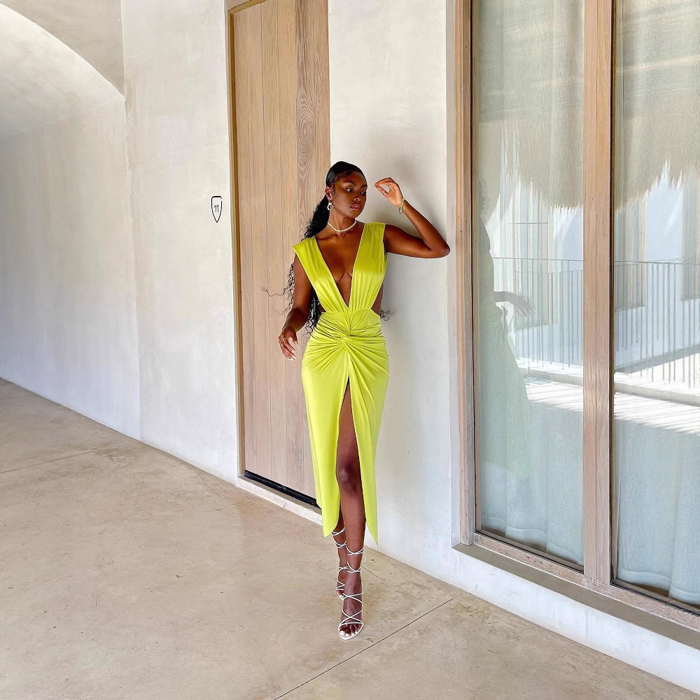 Spring Summer Women's Fashion Low Back Sexy V-Neck Slit Dress