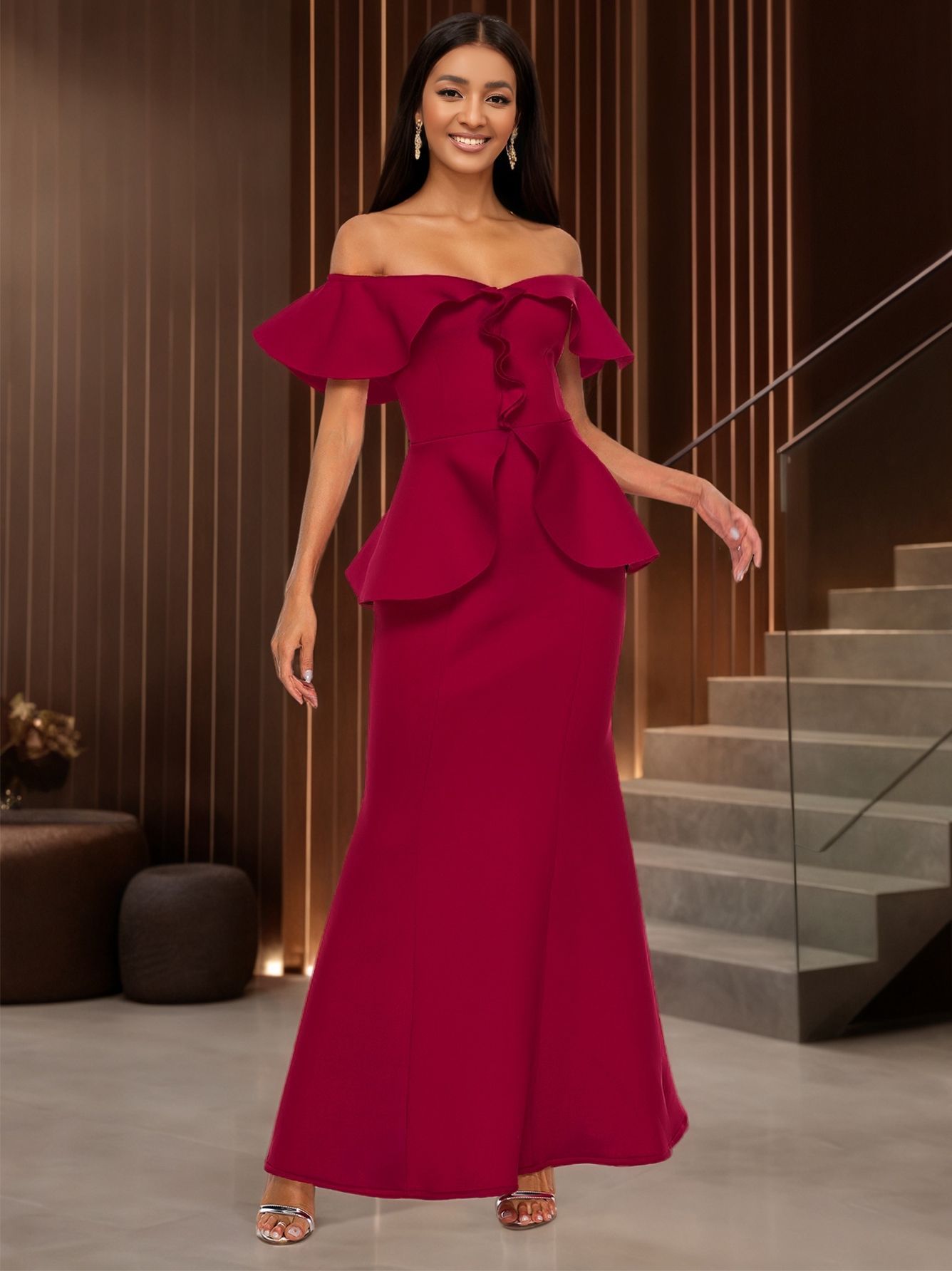 Sexy Ruffle Off-Shoulder Long Dress Chic Elegant Bodycon Formal Party Mermaid Gown