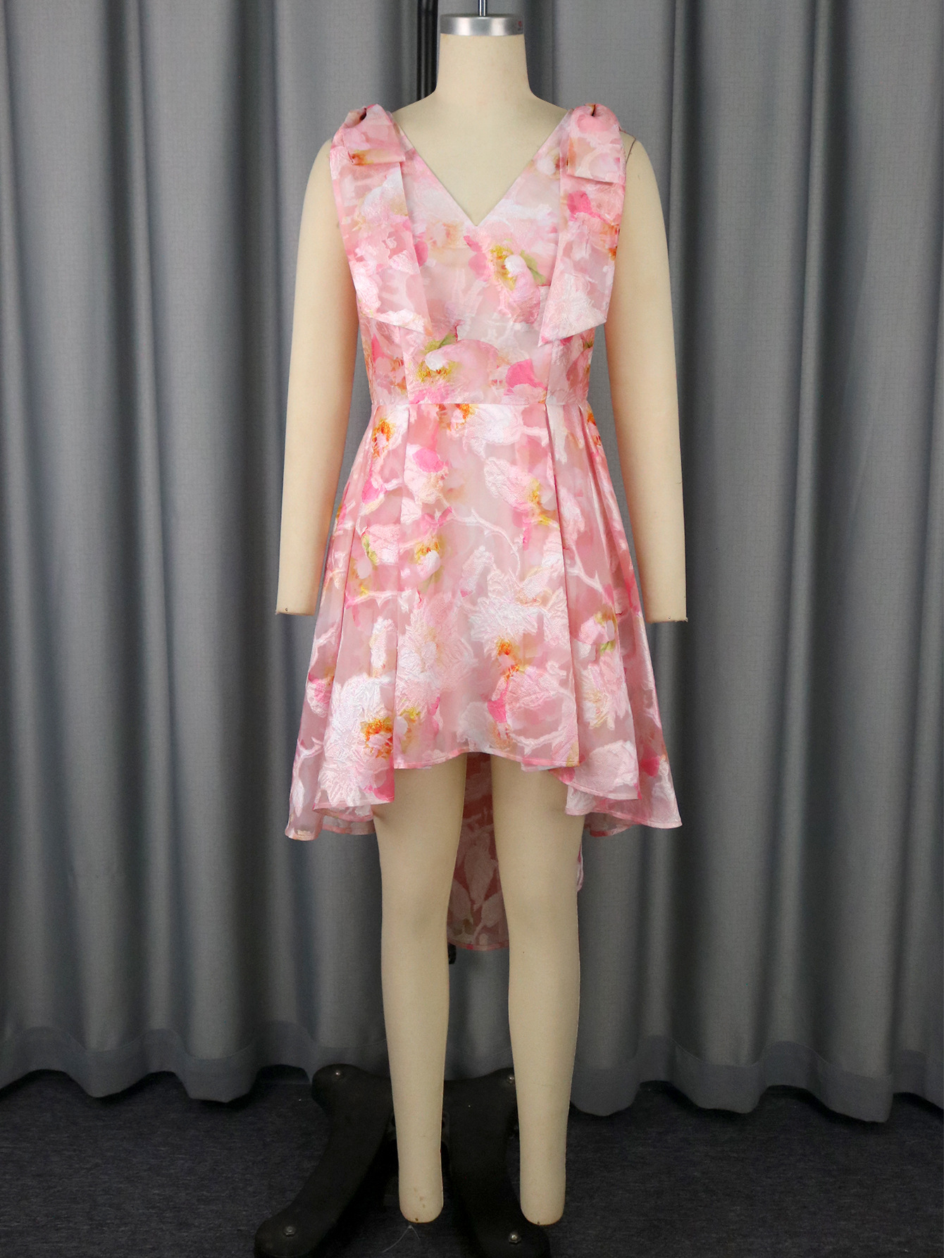 Elegant V-Neck Bow Tie Short Dress Jacquard A-Line Formal Party Evening Gown