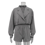 Turn-Down Collar Long Sleeve Cardigan Top & Shorts Two-Piece Career Suit