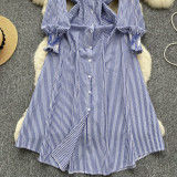 Chic Trendy Long Sleeve Single Button Casual Striped Shirt Dress