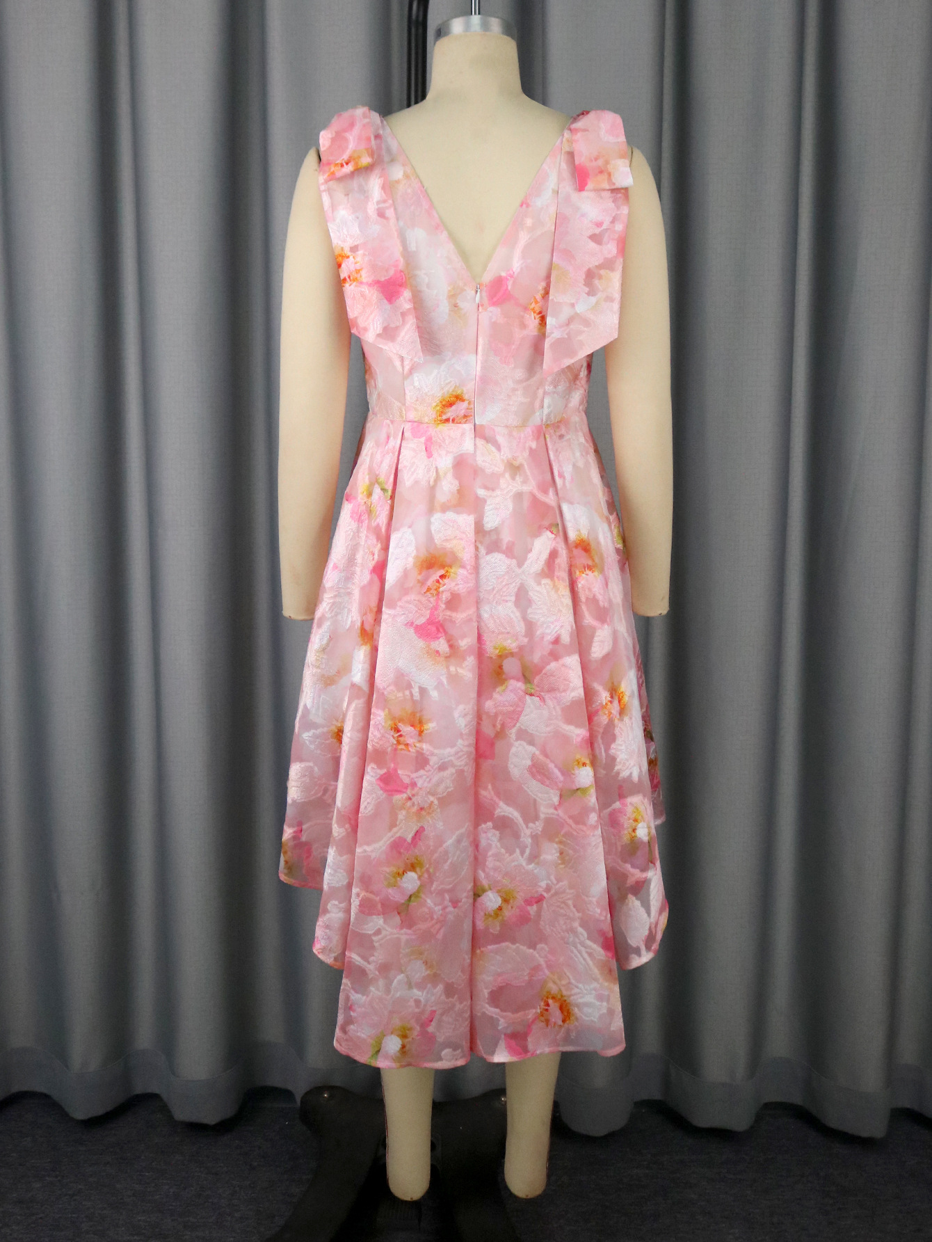 Elegant V-Neck Bow Tie Short Dress Jacquard A-Line Formal Party Evening Gown