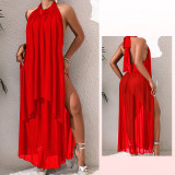 Halter Neck Low Back High Slit Long Dress Mesh See-Through Evening Party Gown