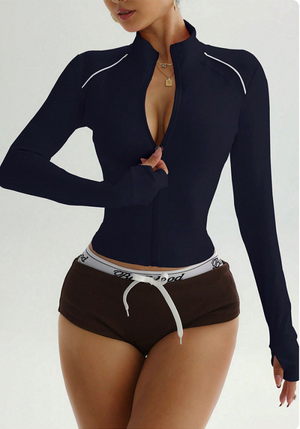 Contrast Color Sport Yoga Jacket Slim Fit Zip-Up Running Long Sleeve Outwear