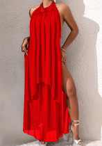 Halter Neck Low Back High Slit Long Dress Mesh See-Through Evening Party Gown