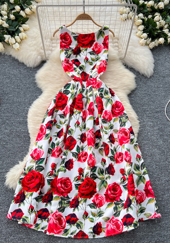 Fashion Printed Round Neck Slim Waist Pleated Flare Sleeveless Mini Dress