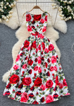 Fashion Printed Round Neck Slim Waist Pleated Flare Sleeveless Mini Dress Fashion Printed Round Neck Slim Waist Pleated Flare Sleeveless Mini Dress