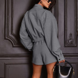 Turn-Down Collar Long Sleeve Cardigan Top & Shorts Two-Piece Career Suit