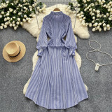 Chic Trendy Long Sleeve Single Button Casual Striped Shirt Dress
