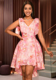 Elegant V-Neck Bow Tie Short Dress Jacquard A-Line Formal Party Evening Gown