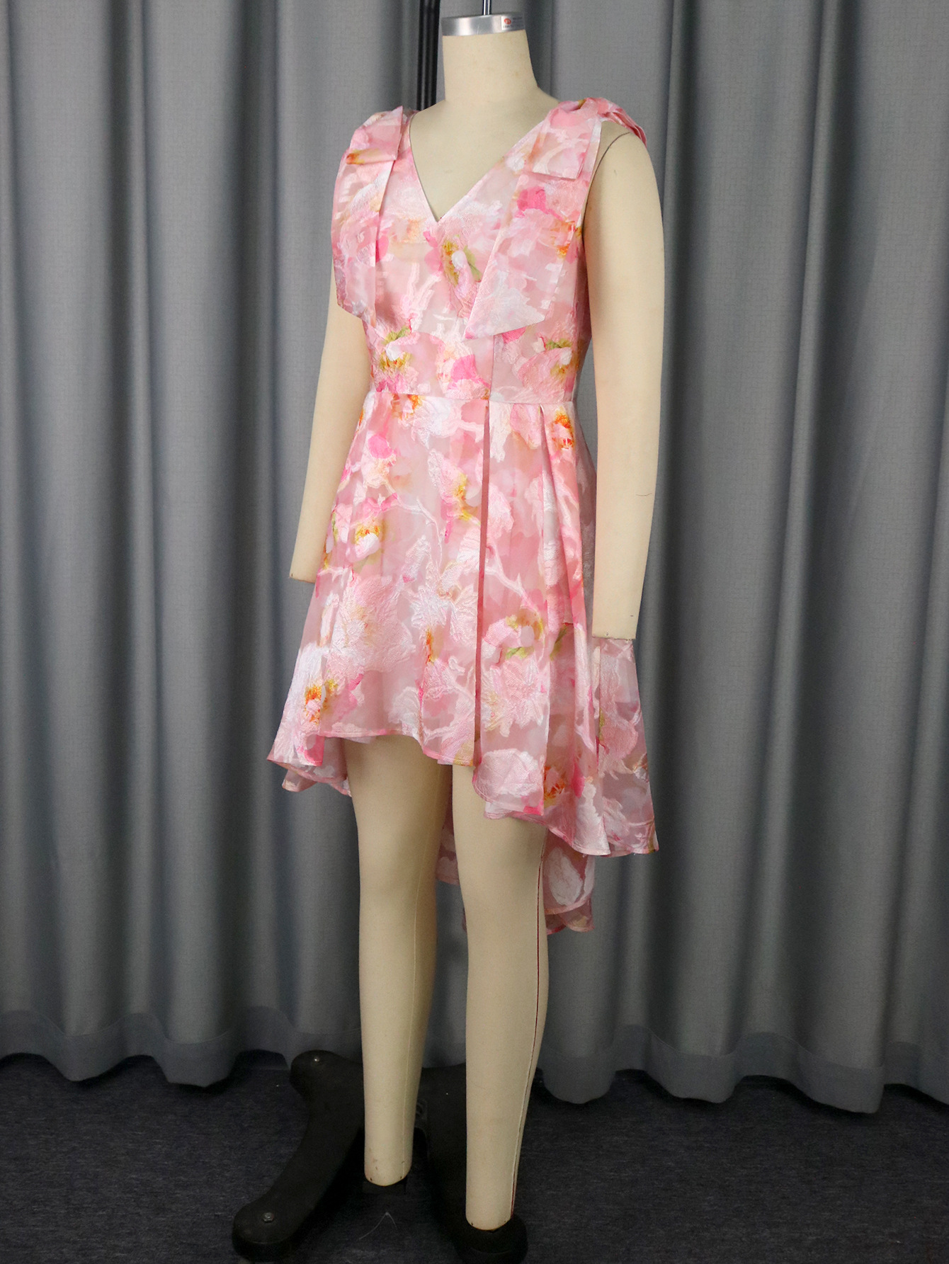 Elegant V-Neck Bow Tie Short Dress Jacquard A-Line Formal Party Evening Gown