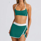 Sexy Gym Running Outdoor Halter Neck Sports Bra & Tennis Skirt Set