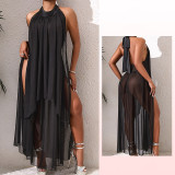 Halter Neck Low Back High Slit Long Dress Mesh See-Through Evening Party Gown