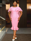 Plus-Size Women Style Cape Round Neck Ruffle Bodycon Formal Party Fishtail Dress
