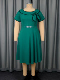 Plus-Size Women Turndown Collar Bow Contrast Short-Sleeved Belted Dress