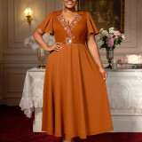 Plus-Size Women Turndown Collar Beaded V-Neck Puff Sleeve Belted Dress
