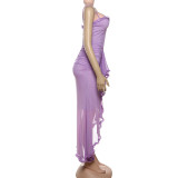 Women Sexy Backless Mesh Suspender Solid Dress