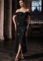 Women Black Sequined Strapless Off-Shoulder Ribbon High Slit Evening Dress