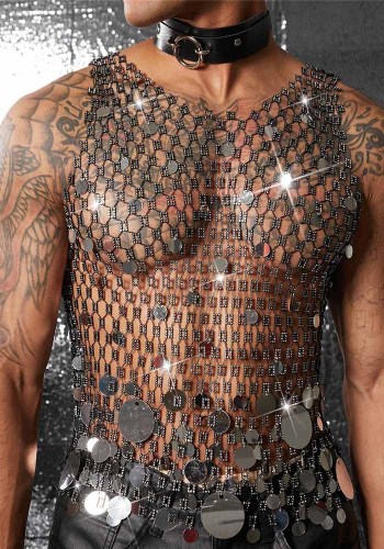 Men Diamond-Encrusted Hollow Sequin Mesh Sexy Nightclub Party Sleeveless Top