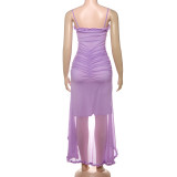 Women Sexy Backless Mesh Suspender Solid Dress