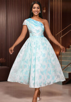 Women Slash Shoulder Contrast Jacquard Formal Party Dress