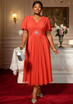 Plus-Size Women Chiffon V-Neck Gathered Short Sleeve Orange Dress