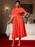 Plus-Size Women Chiffon V-Neck Gathered Short Sleeve Orange Dress