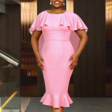 Plus-Size Women Style Cape Round Neck Ruffle Bodycon Formal Party Fishtail Dress