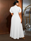 Plus-Size Women Half-Tall Neck Hollow Puff Short-Sleeved Party Pleated Dress