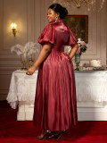Plus-Size Women Lantern Puff Sleeve Ruffle Belted Sequined Formal Party Dress