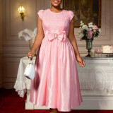 Plus-Size Women Elegant Rose Jacquard Patchwork Bow Short-Sleeved Party Dress