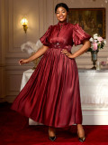 Plus-Size Women Lantern Puff Sleeve Ruffle Belted Sequined Formal Party Dress
