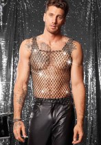 Men Strappy Sparkling Rhinestone See-Through Sexy Rhinestone Fishnet Top Men Strappy Sparkling Rhinestone See-Through Sexy Rhinestone Fishnet Top