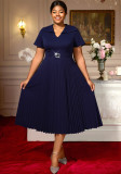Plus-Size Women V-Neck Square-Button Elegant Pleated Dress