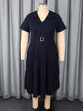 Plus-Size Women V-Neck Square-Button Elegant Pleated Dress