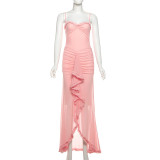 Women Sexy Backless Mesh Suspender Solid Dress