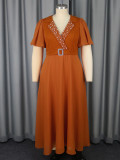 Plus-Size Women Turndown Collar Beaded V-Neck Puff Sleeve Belted Dress