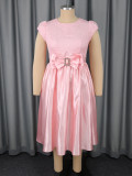 Plus-Size Women Elegant Rose Jacquard Patchwork Bow Short-Sleeved Party Dress