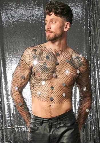 Men Diamond-Encrusted Fishnet Sparkling Rhinestone Mesh Top